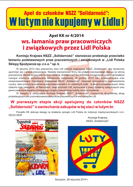 Apel NSZZ Solidarność – W lutym nie kupujemy w Lidlu!