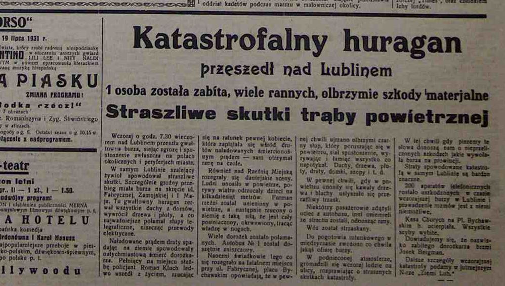 Wiatr porywał wagony i autobusy. Najsilniejsze w historii Polski tornado przeszło 85 lat temu przez Lublin