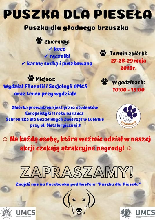 Weź udział w studenckiej zbiórce na rzecz Schroniska dla Bezdomnych Zwierząt w Lublinie „Puszka dla Pieseła!”