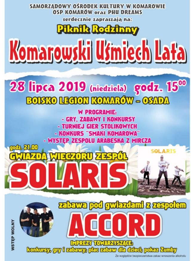 Komarowski Uśmiech Lata: Gwiazdą wieczoru będzie zespół Solaris