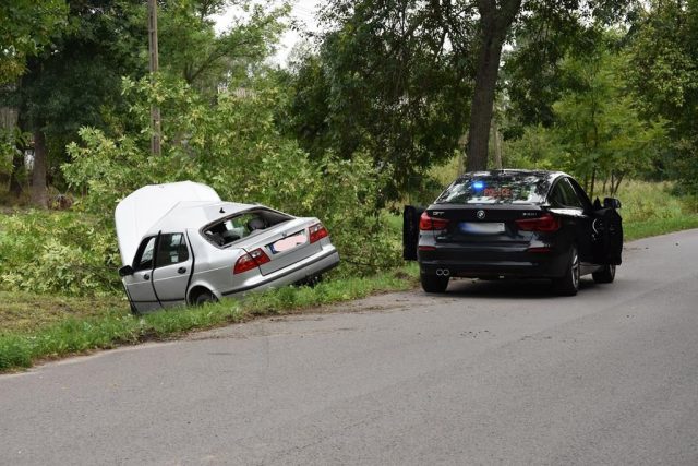 Saab uderzył w drzewo, kierowca trafił do szpitala (zdjęcia)