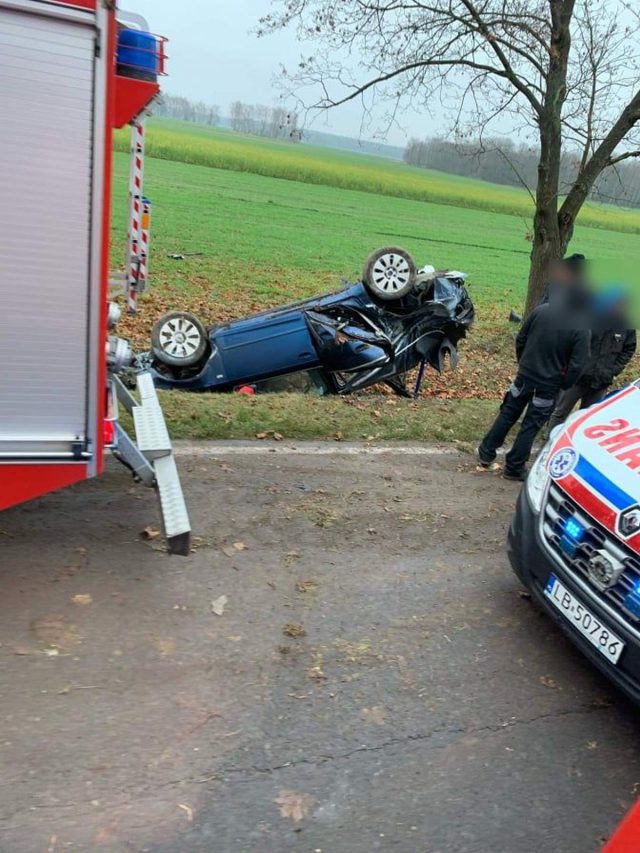 Audi uderzyło w drzewo i dachowało. Jedna osoba poszkodowana (zdjęcia)