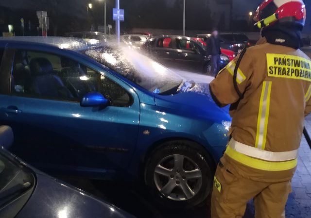 Pożar peugeota na parkingu przed Lidlem. Ogień został w porę ugaszony (zdjęcia)