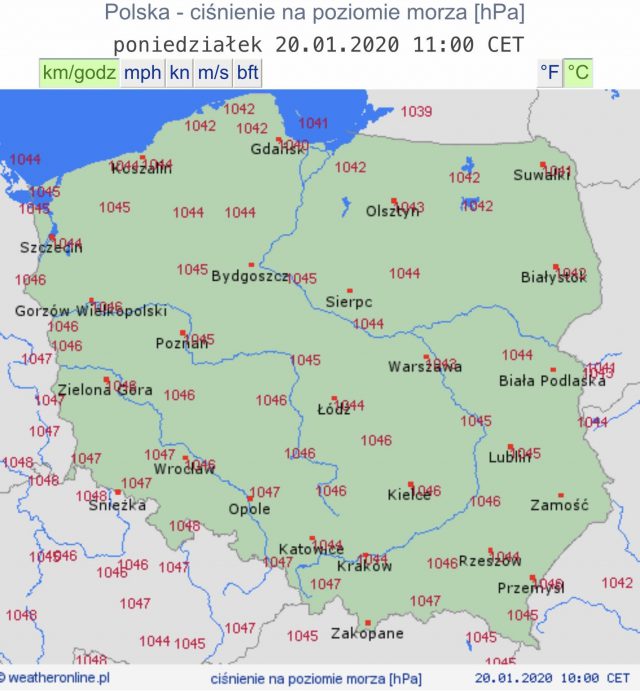 Bardzo wysokie ciśnienie atmosferyczne w Polsce. Ponad 1045 hPa na barometrach