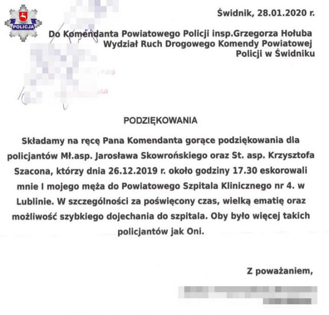 Podziękowali policjantom za pomoc w szybkim dotarciu do szpitala