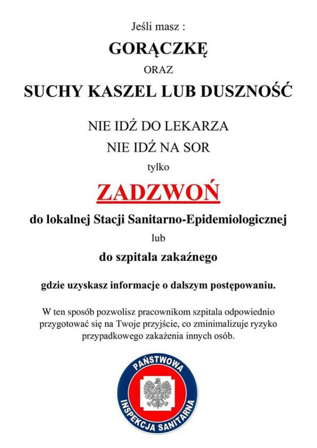 Ważny komunikat! Kontakt ze służbami sanitarnymi wyłącznie telefoniczny