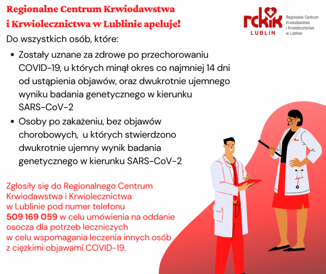 Apel Regionalnego Centrum Krwiodawstwa i Krwiolecznictwa do osób, które przechorowały COVID-19