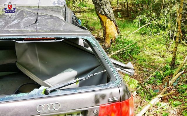 Audi wypadło z drogi i uderzyło w drzewo. Kierowca trafił do szpitala (zdjęcia)