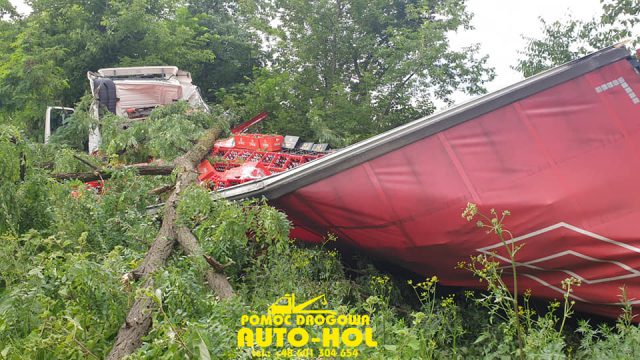 Ciężarówka wpadła do rowu i uderzyła w drzewo. Na miejscu pracują służby ratunkowe (zdjęcia)