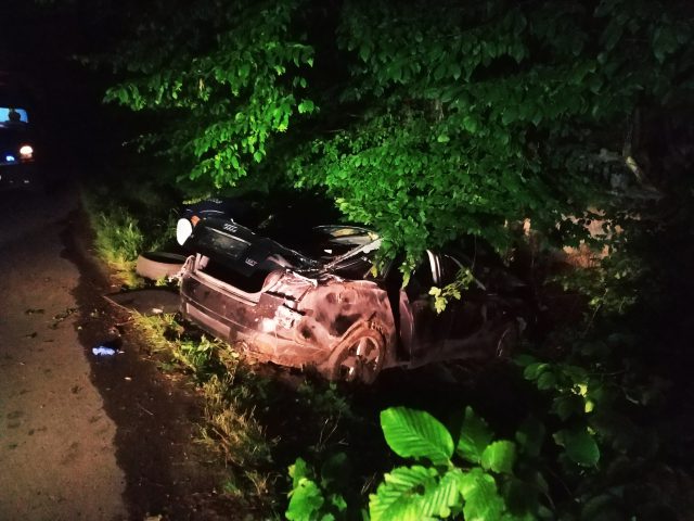 Rozpędzone audi uderzyło w kilka drzew. Dwóch młodych mężczyzn zostało rannych (zdjęcia)