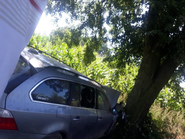 Zablokowana droga w Kamionce. BMW wypadło z drogi i uderzyło w drzewo (zdjęcia)