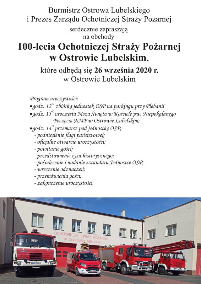 Zaproszenie na 100-lecie OSP w Ostrowie Lubelskim