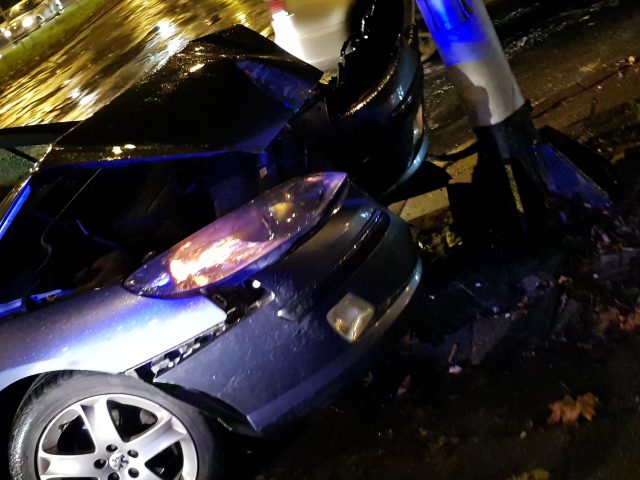 Peugeot zjechał z drogi i uderzył w słup (zdjęcia)