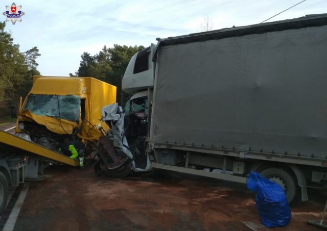 Zablokowana droga krajowa nr 19 po zderzeniu dwóch pojazdów dostawczych i ciężarówki (zdjęcia)