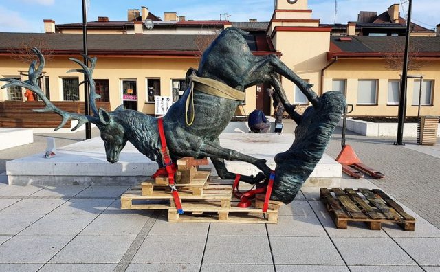 W centrum miasta ustawiono jelenia. Legenda mówi, że przed laty wskazał królowi drogę (zdjęcia)