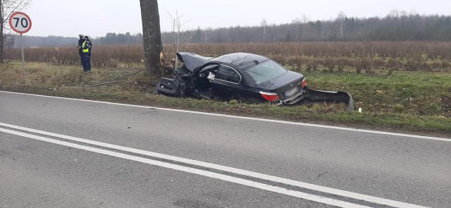 Groźny wypadek na trasie Opole Lubelskie – Annopol. Samochód uderzył w drzewo, jedna osoba jest uwięziona w aucie (zdjęcia)