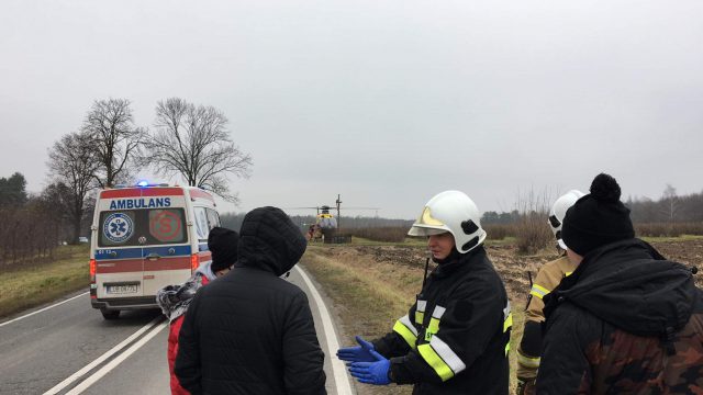 Groźny wypadek na trasie Opole Lubelskie – Annopol. Samochód uderzył w drzewo, jedna osoba jest uwięziona w aucie (zdjęcia)