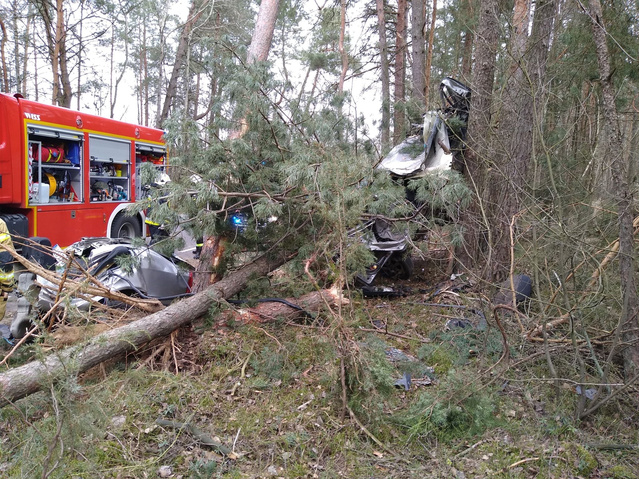 Skoda rozpadła się na pół po uderzeniu w drzewo. Młody kierowca śmigłowcem trafił do szpitala (zdjęcia)