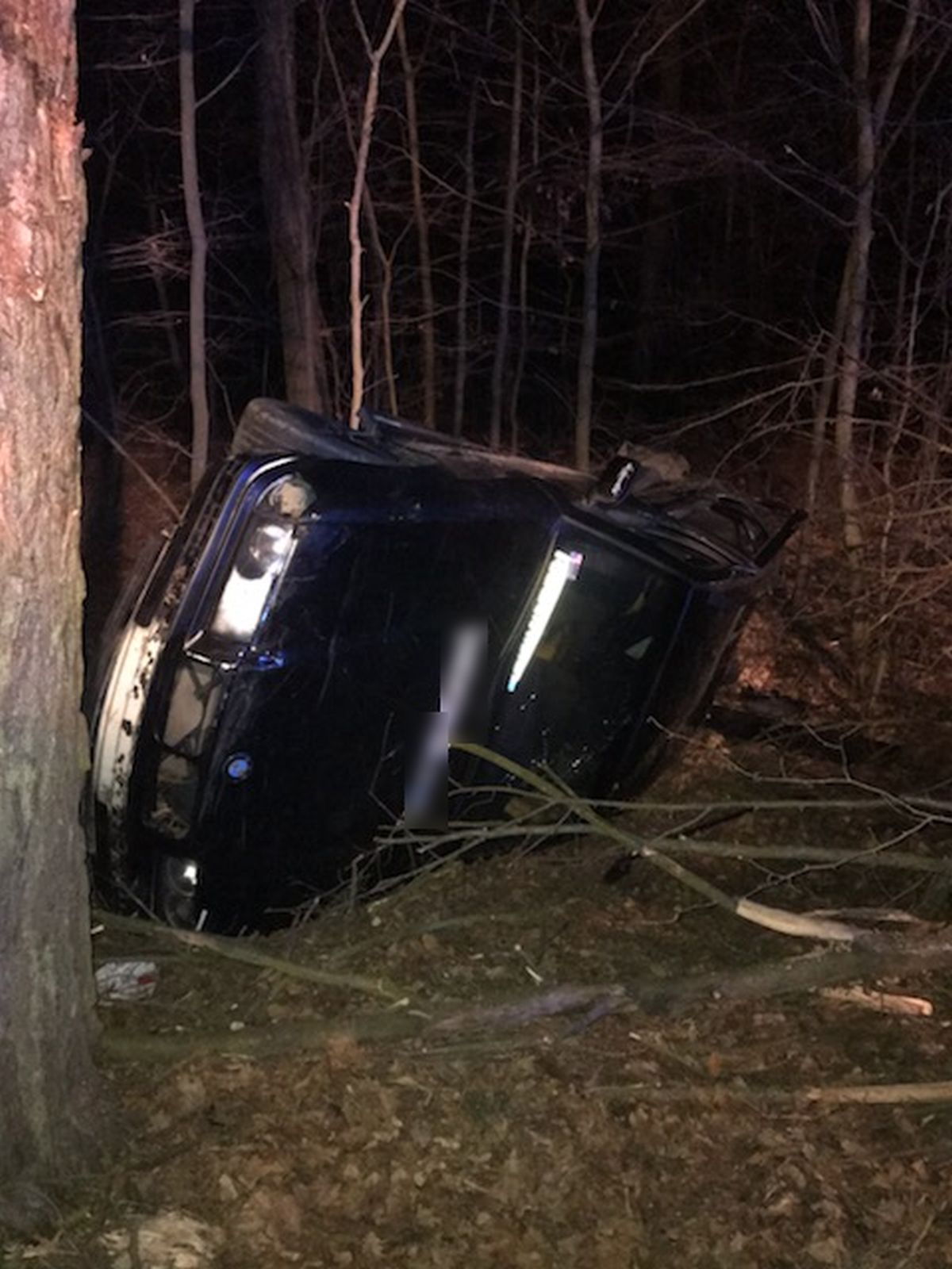 BMW wypadło z drogi do lasu. Trwają poszukiwania jednej osoby (zdjęcia)