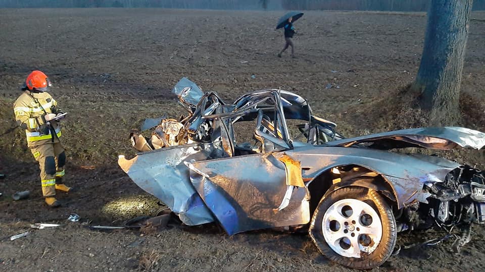 Alfa romeo uderzyła w drzewo. Dwóch mężczyzn jest ciężko rannych (zdjęcia)