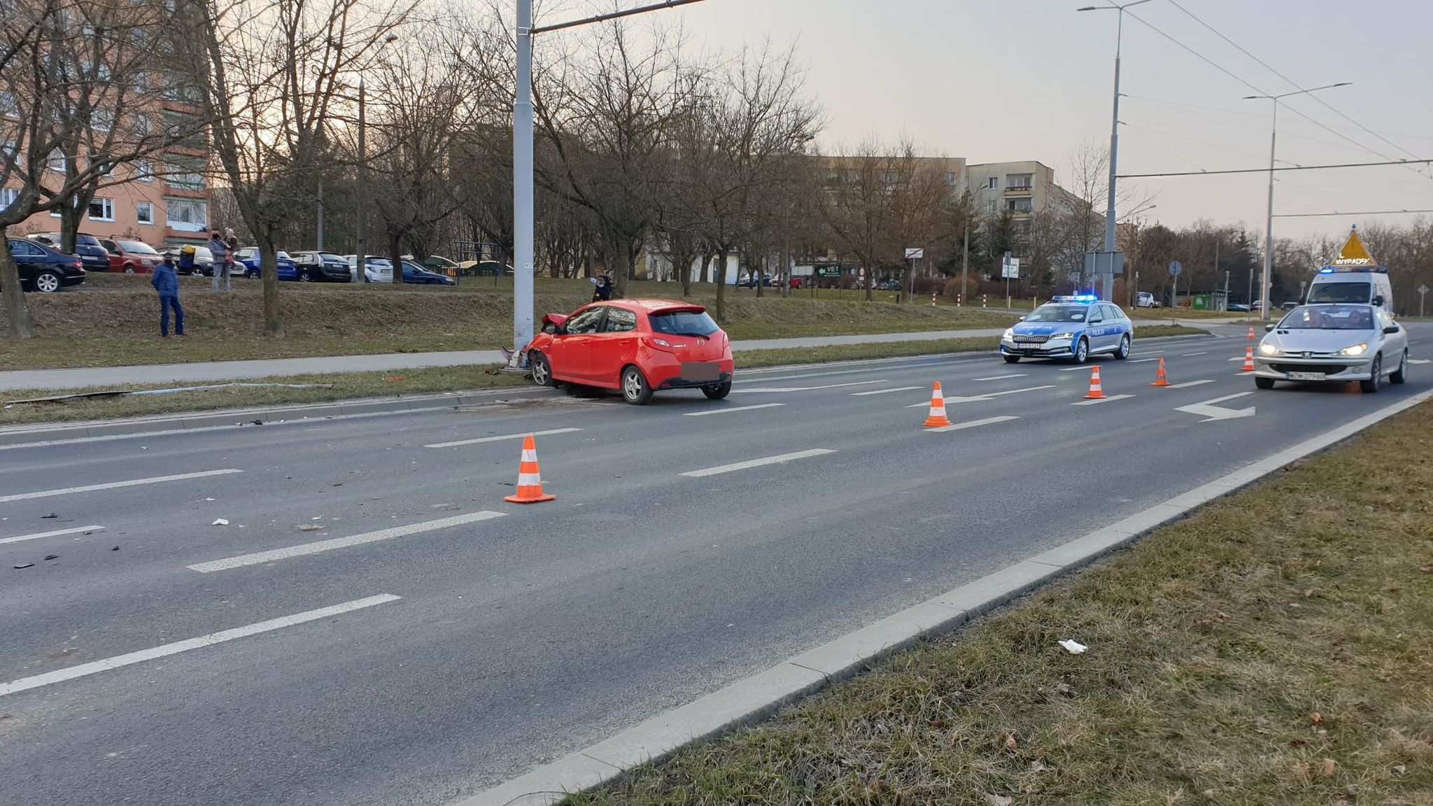 Przejechała przez środek ronda, chodnik, żywopłot i drzewa. Mazdę zatrzymał dopiero słup (zdjęcia)