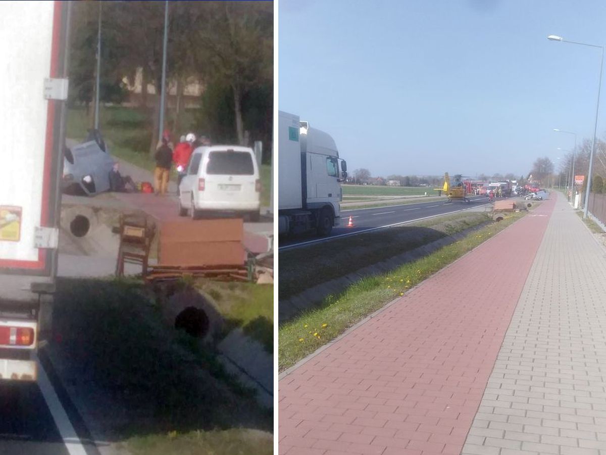 Groźny wypadek na trasie Lublin-Bełżyce. Na jezdni lądował śmigłowiec, droga jest zablokowana (zdjęcia)