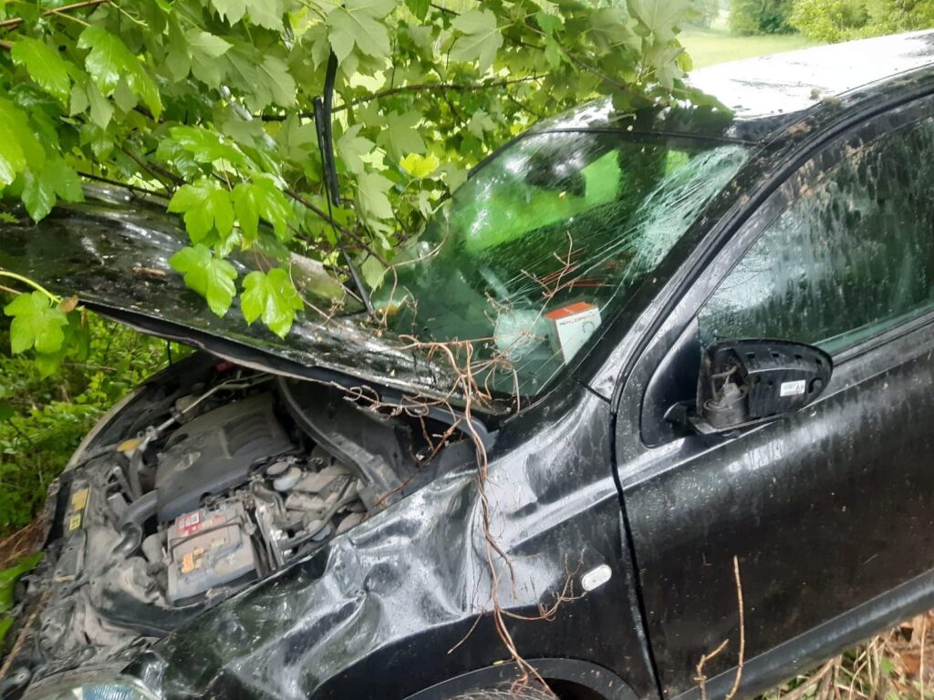 Straciła panowanie nad pojazdem. Nissan spadł ze skarpy i uderzył w drzewo (zdjęcia)