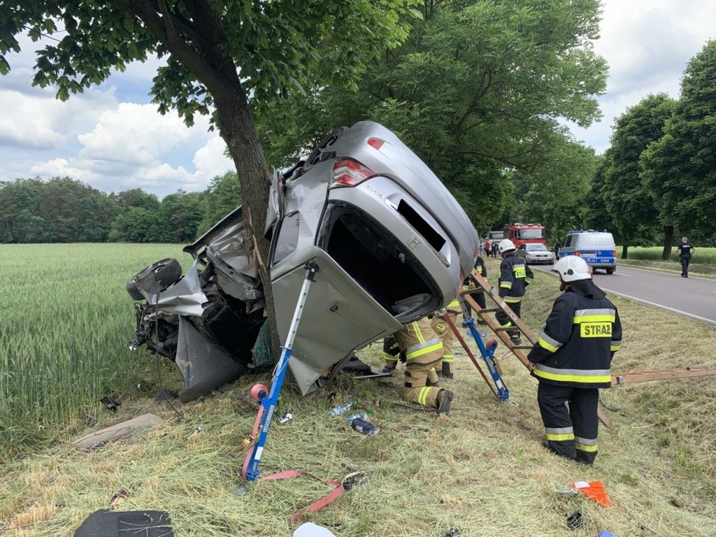 Honda uderzyła w drzewo, kierowca uwięziony w pojeździe. Wszystko na oczach policjantów (zdjęcia)