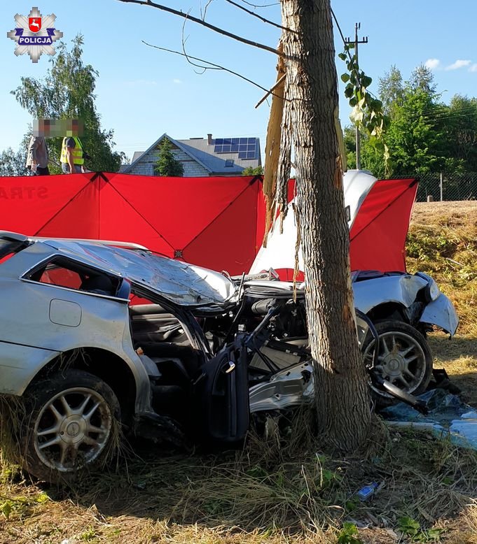 Audi wypadło z drogi i uderzyło w drzewo. Kierowca nie żyje, dziecko walczy o życie (zdjęcia)