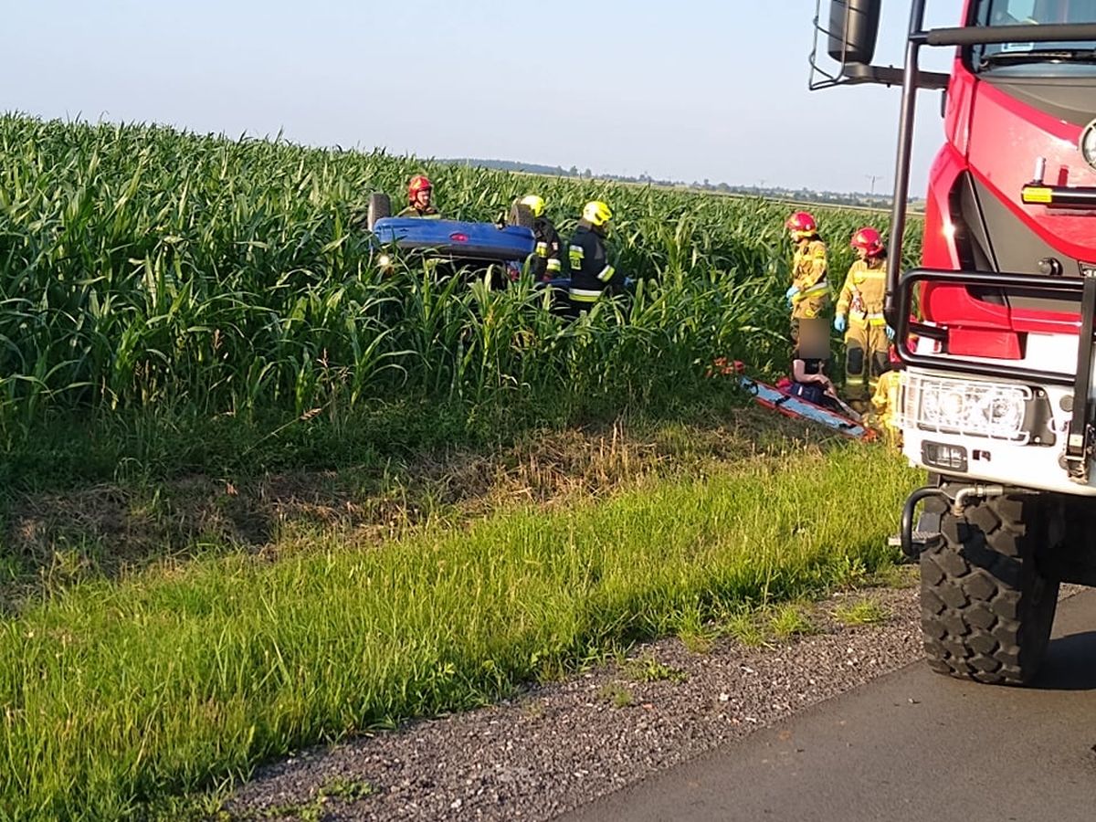Peugeot dachował w kukurydzy. Kierująca autem kobieta trafiła do szpitala (zdjęcia)
