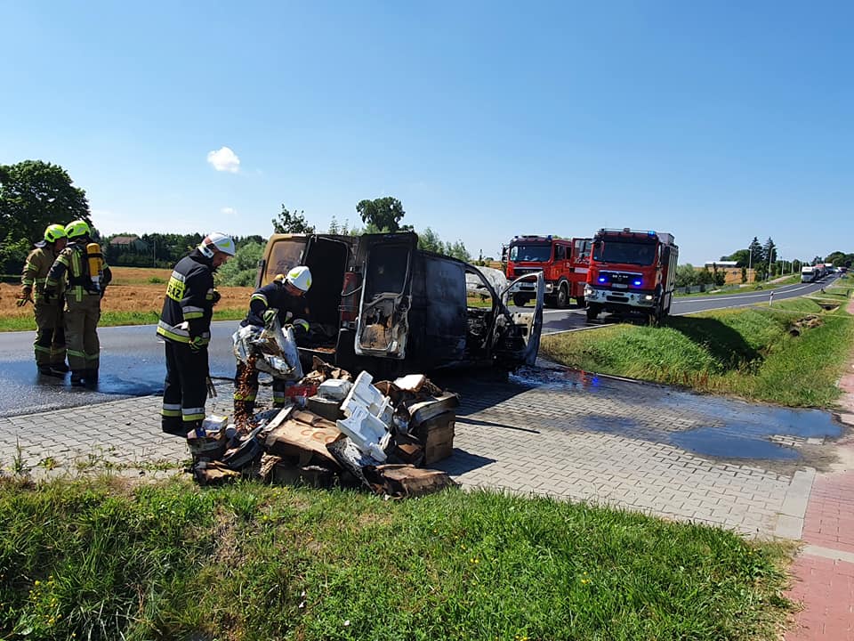 Pożar pojazdu dostawczego na drodze wojewódzkiej. Auto doszczętnie spłonęło (zdjęcia)