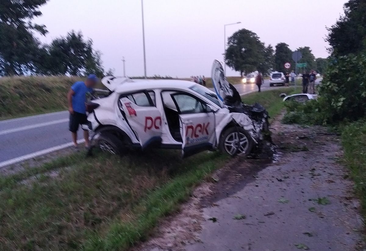 Toyota na minuty uderzyła w skarpę na trasie Lublin – Biłgoraj. Kierowca uciekł w pola (zdjęcia)