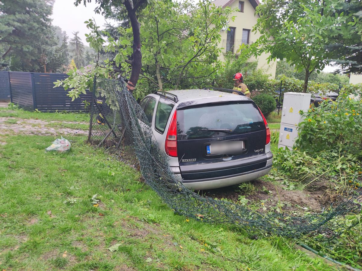 Renault wypadł z drogi, staranował ogrodzenie i uderzył w drzewo. Kierowca w szpitalu (zdjęcia)