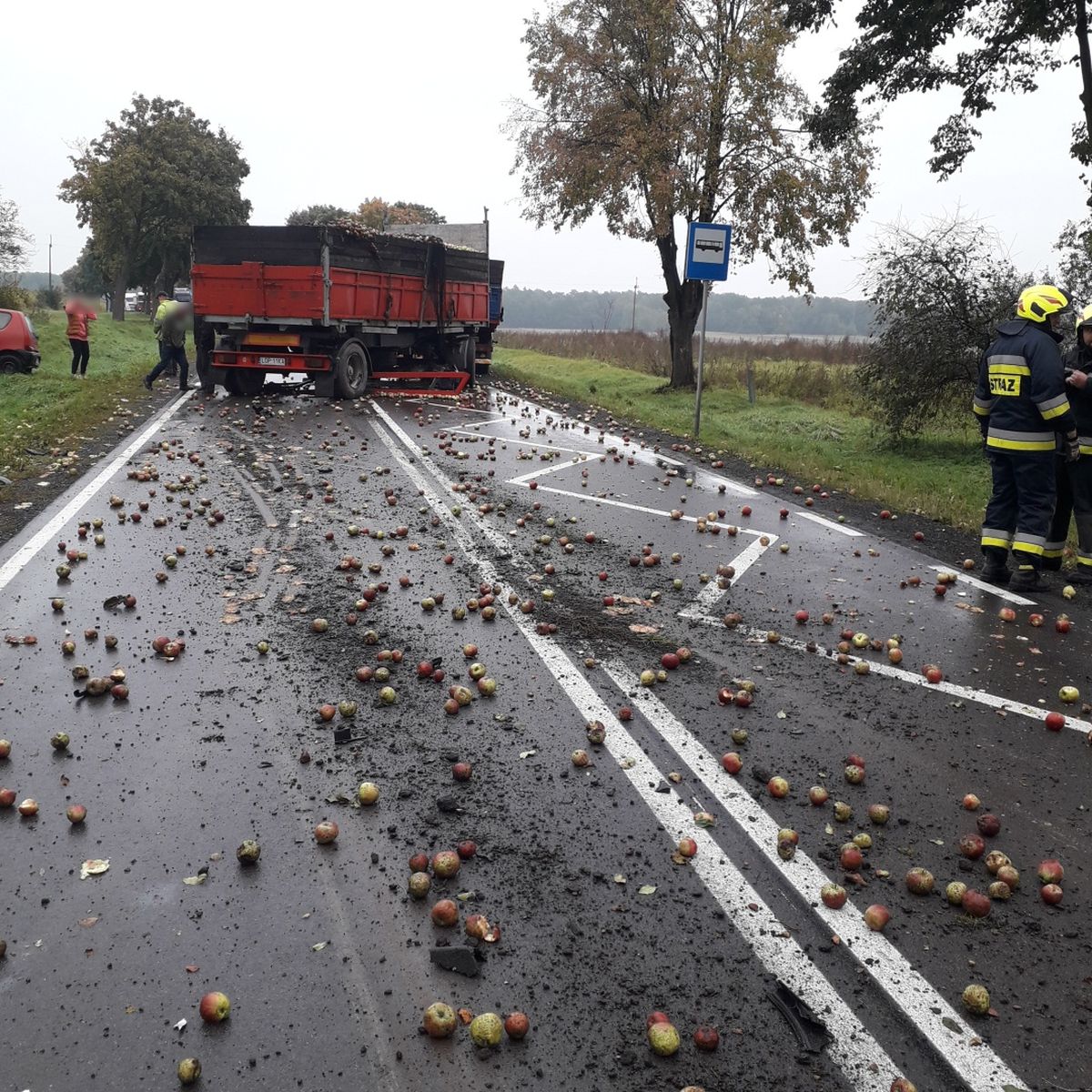 Volkswagen zderzył się z ciężarówką przewożącą jabłka, z pojazdu wyrwało silnik (zdjęcia)