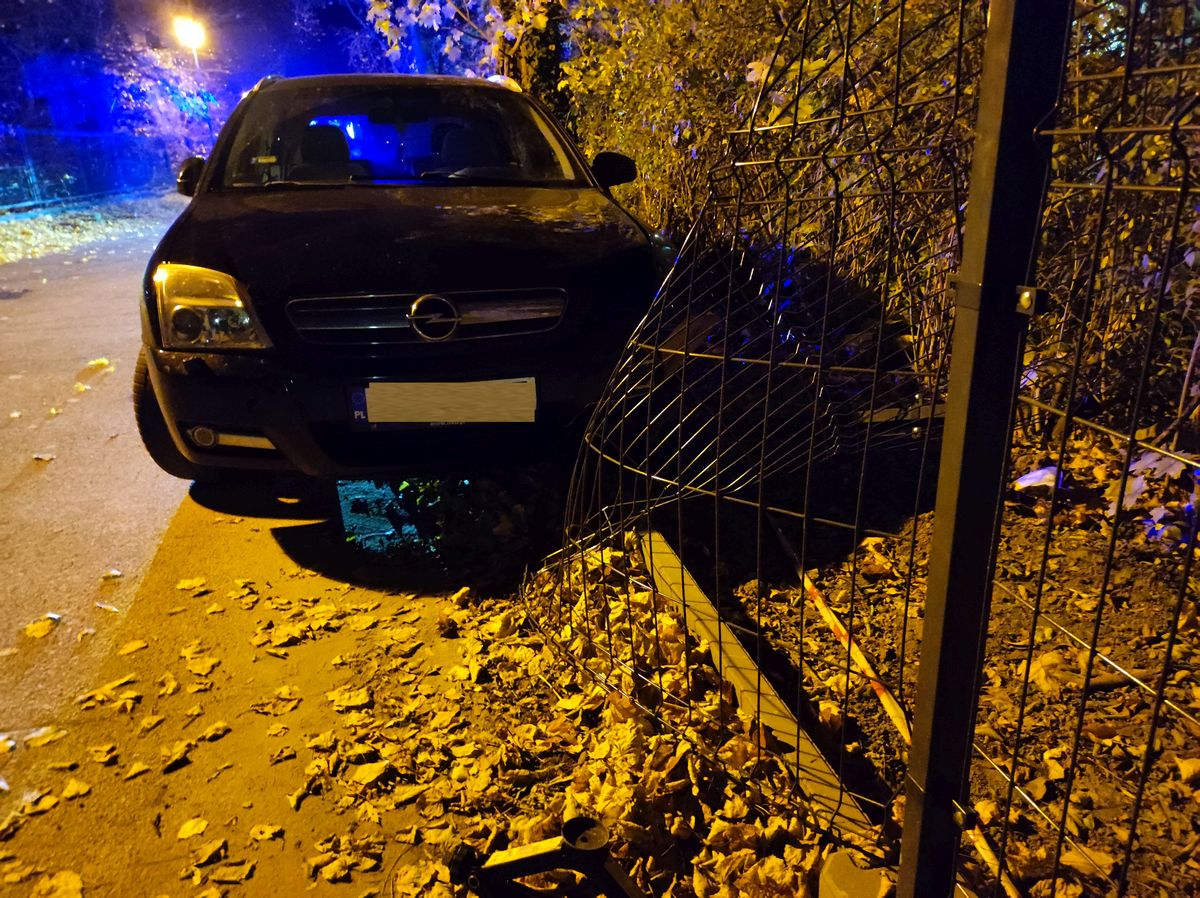 Opel staranował ogrodzenie. W aucie spał kompletnie pijany mężczyzna (zdjęcia)