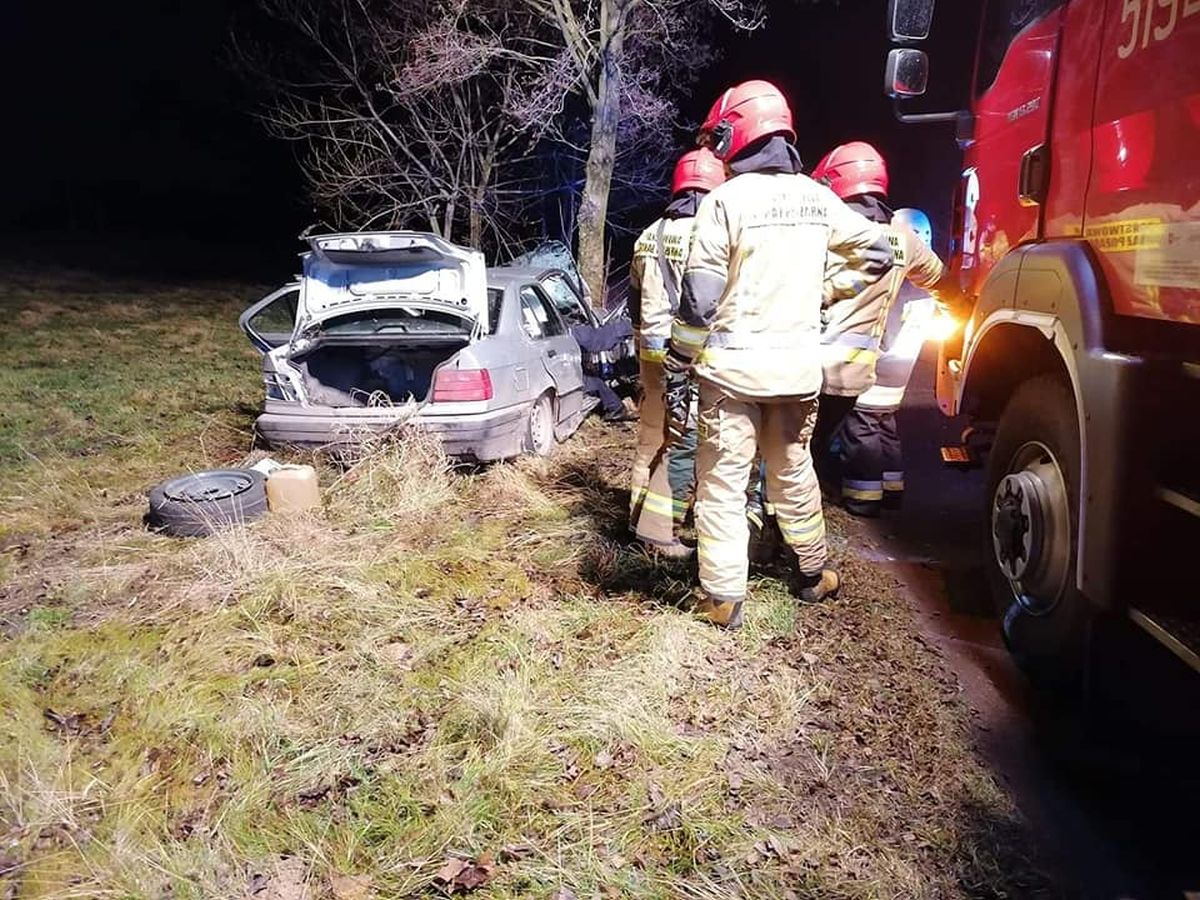 BMW wbiło się w drzewo, w pojeździe zastano rannego mężczyznę. Trwa ustalanie, kto kierował autem (zdjęcia)