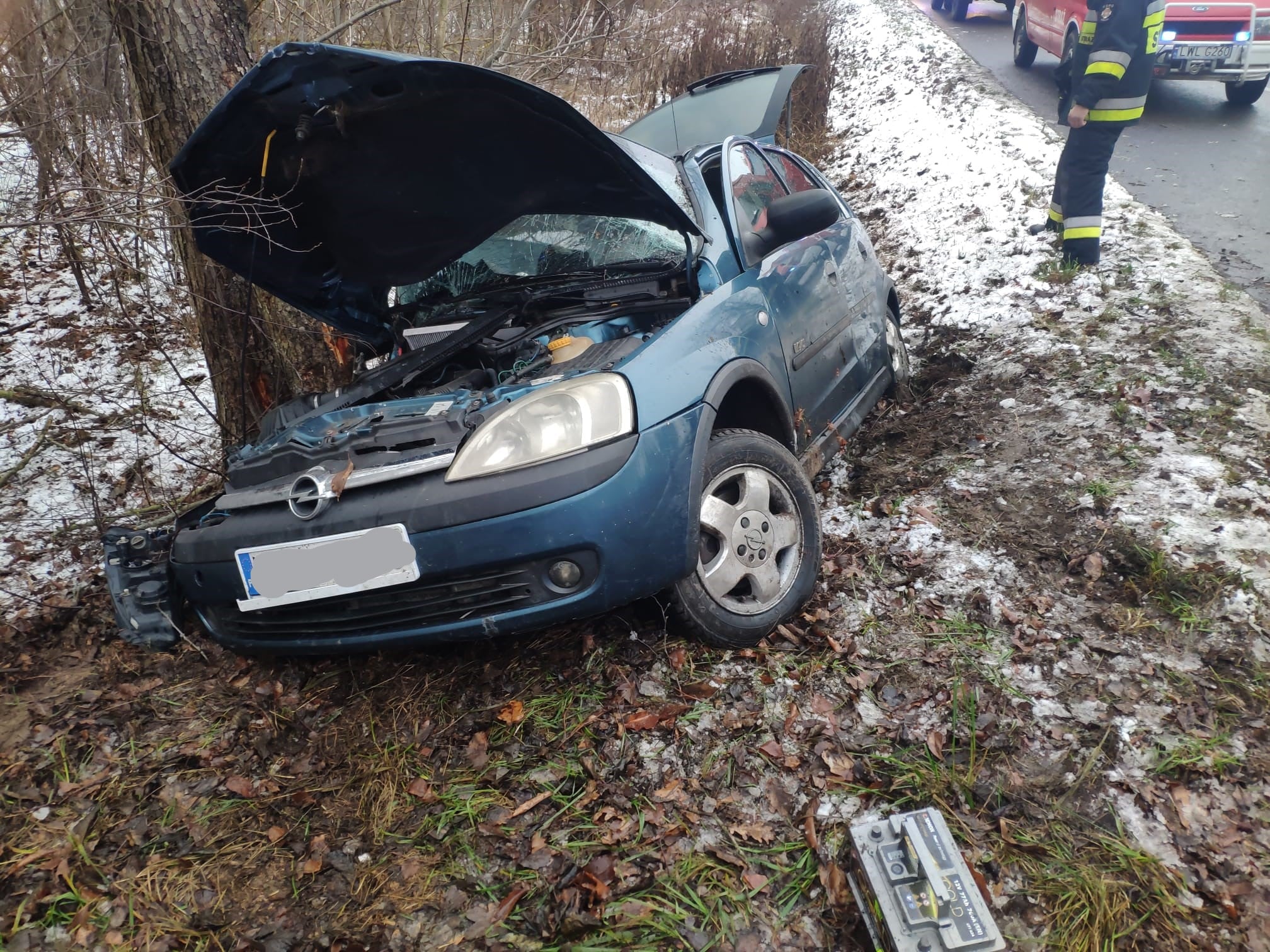 Opel wypadł z drogi i roztrzaskał się na drzewie (zdjęcia)