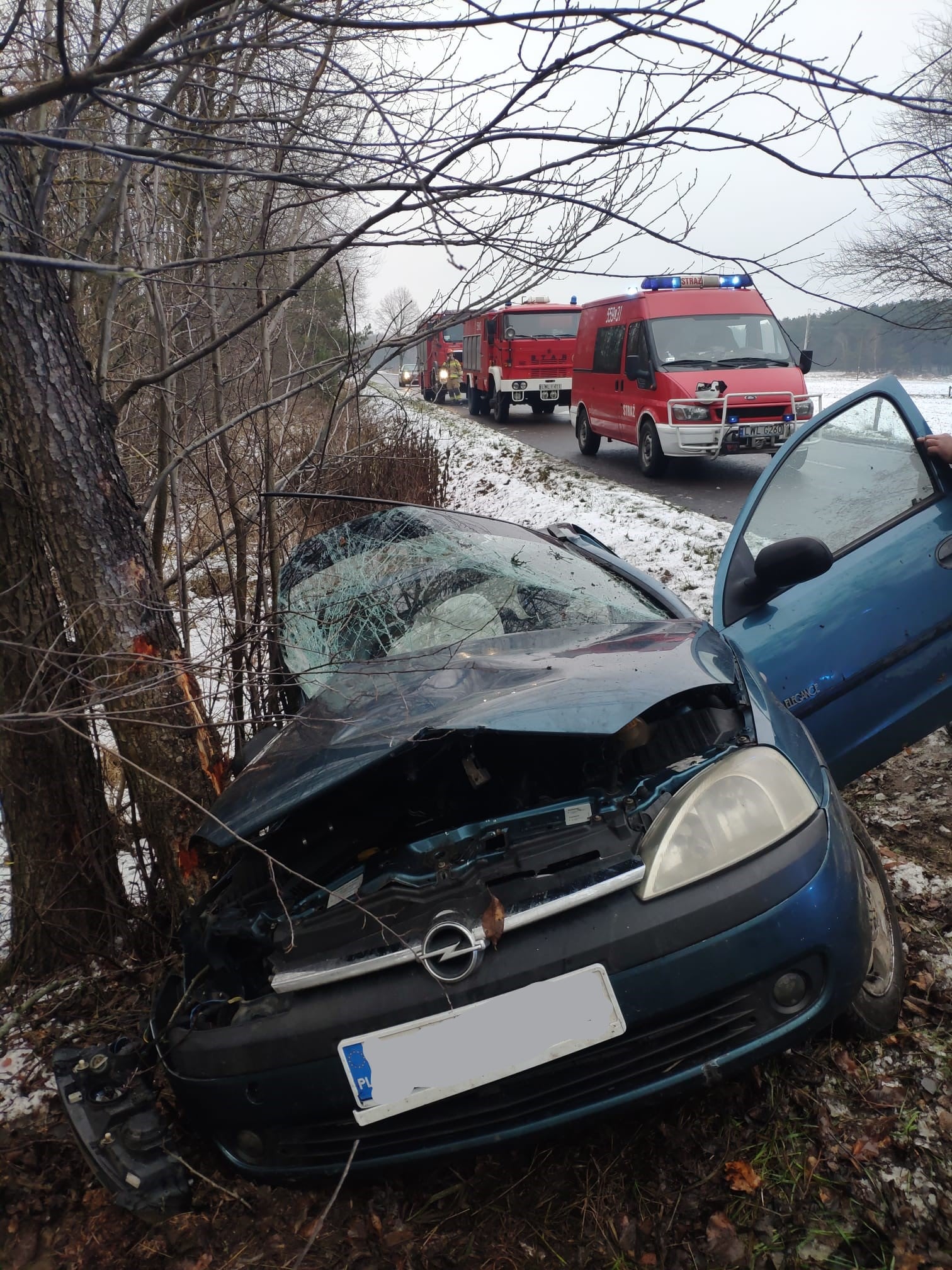 Opel wypadł z drogi i roztrzaskał się na drzewie (zdjęcia)