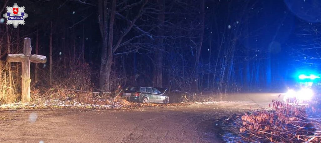 Audi wypadło z jezdni i uderzyło w drzewo. Kierujący pijany, z aktualnym zakazem kierowania (zdjęcia)