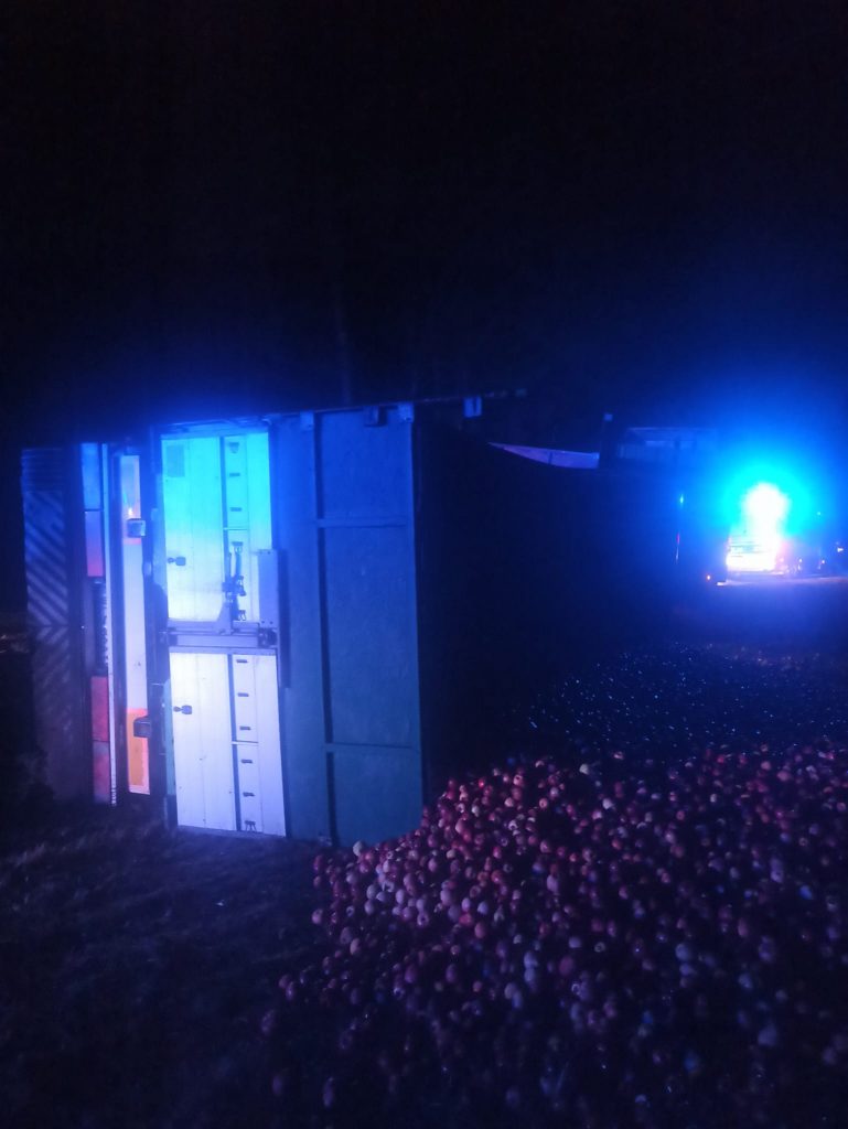 Tony jabłek w przydrożnym rowie. Policjanci ustalają, dlaczego ciężarówka wypadła z jezdni (zdjęcia)