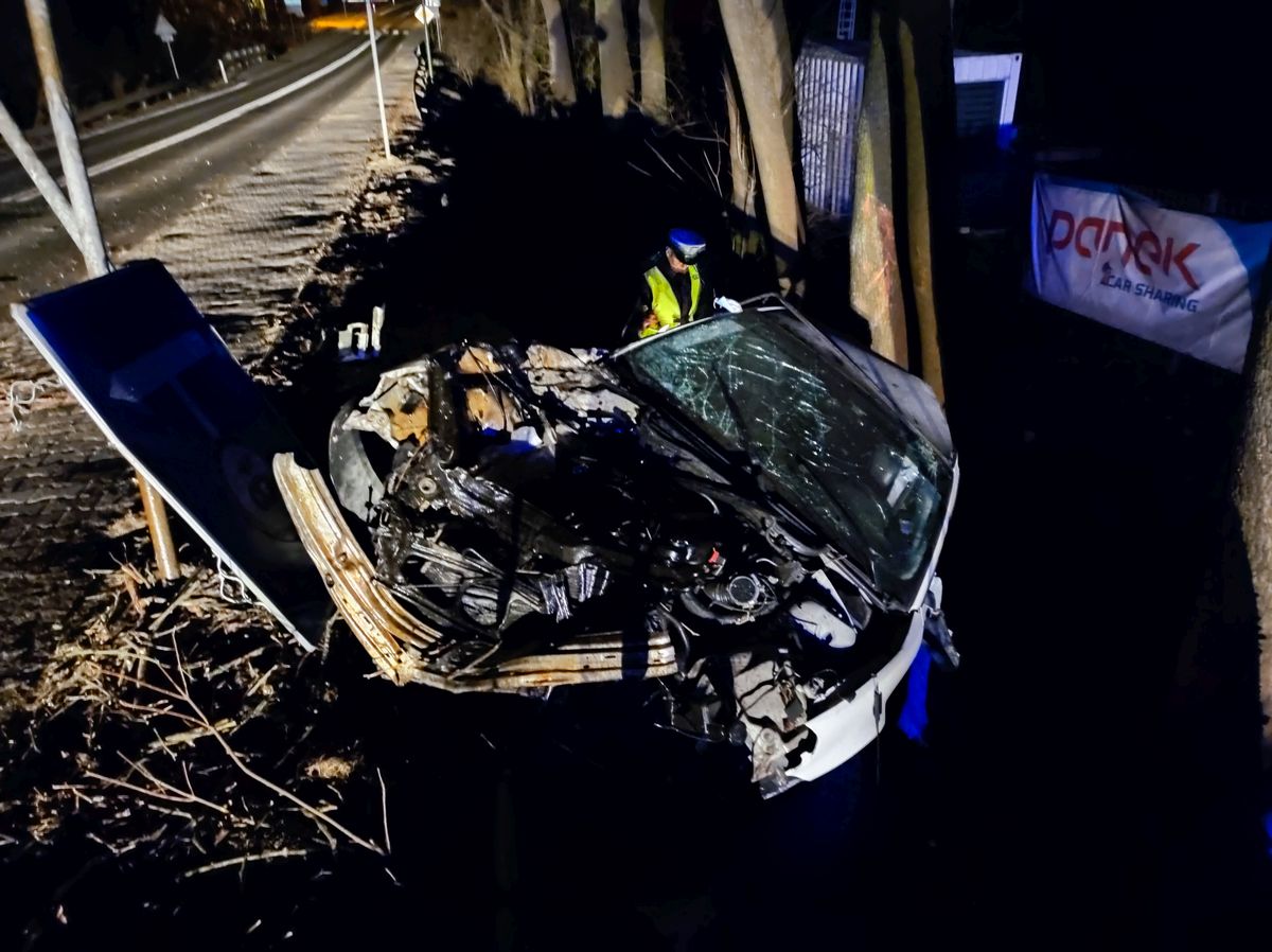 Młody kierowca, BMW pożyczone od mamy i łuk jezdni. Z pojazdu niewiele zostało (zdjęcia)