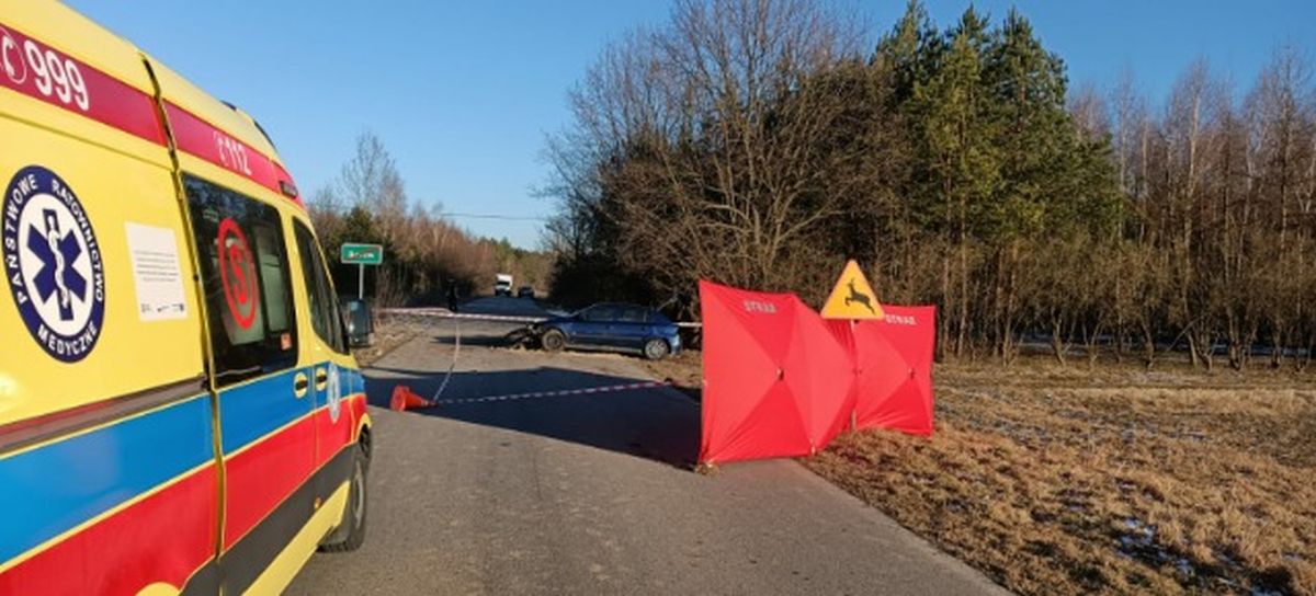 Opel uderzył w drzewo, dwie osoby wypadły z pojazdu. Jedna zginęła, trwa walka o życie drugiej (zdjęcia)