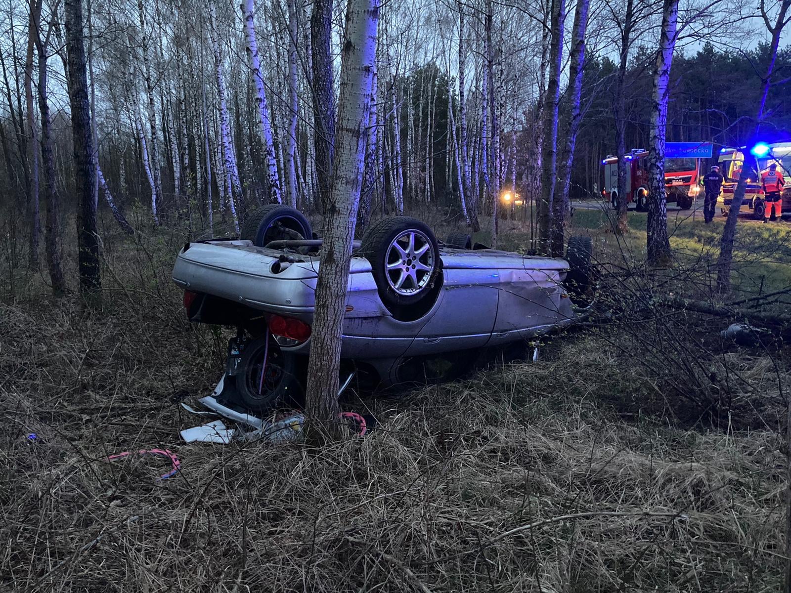 Chciał się pochwalić jaguarem, przejażdżkę zakończył dachowaniem. Miał prawie 4 promile (zdjęcia)