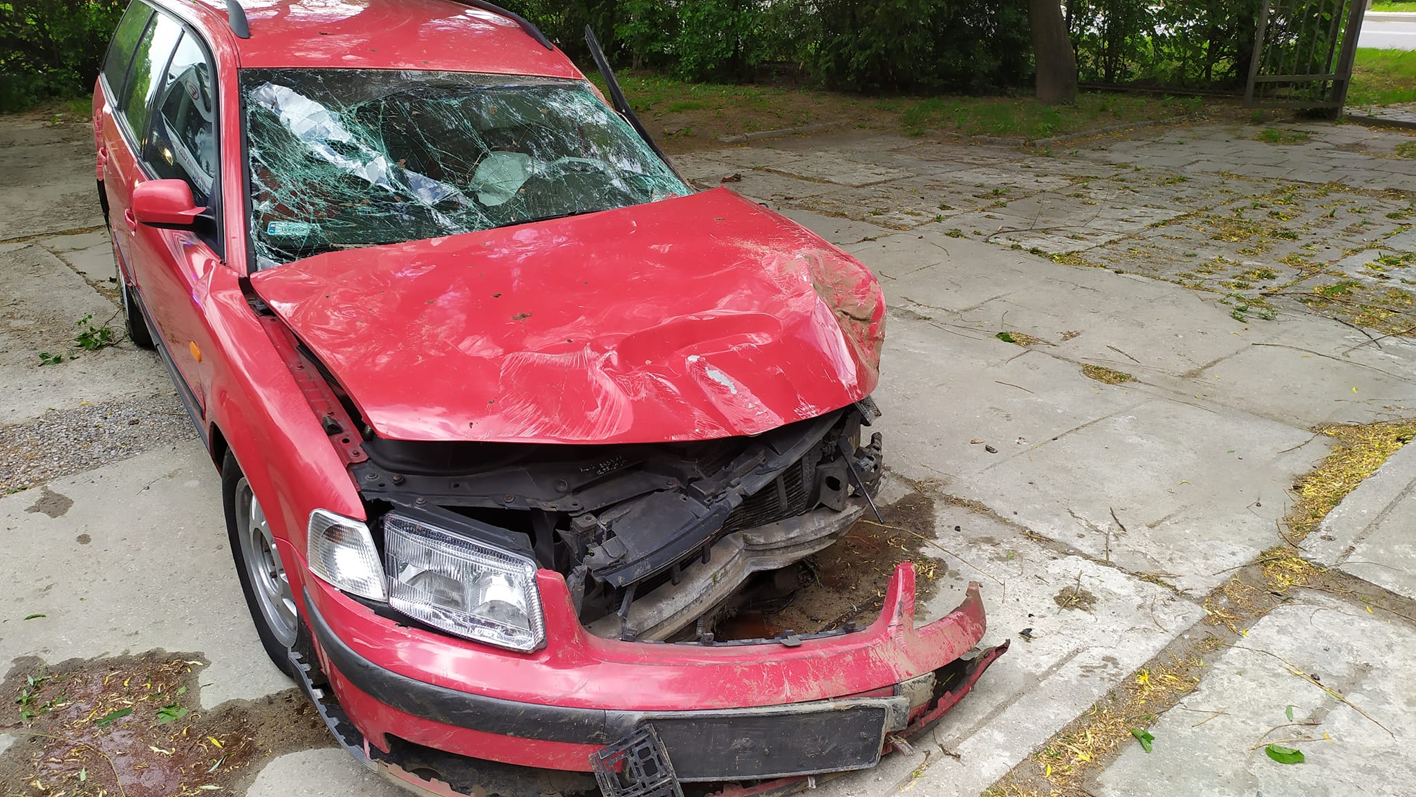 Volkswagen wypadł z drogi. Staranował ogrodzenie posesji i uderzył w drzewo (zdjęcia)