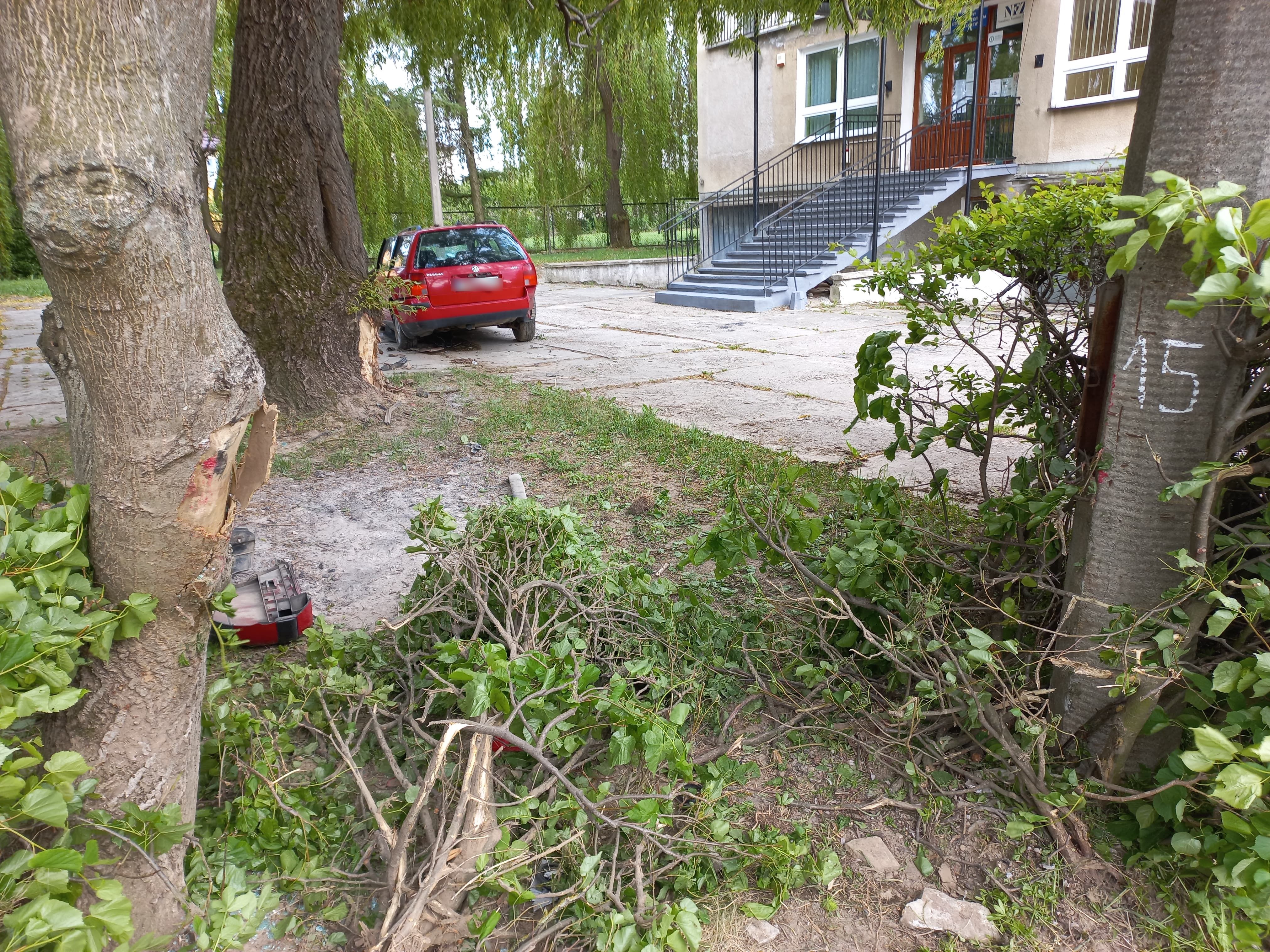 Volkswagen wypadł z drogi. Staranował ogrodzenie posesji i uderzył w drzewo (zdjęcia)