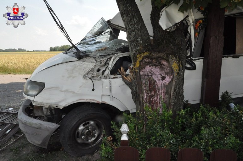 Nie ustąpiła pierwszeństwa przejazdu, po zderzeniu bus uderzył w drzewo (zdjęcia)