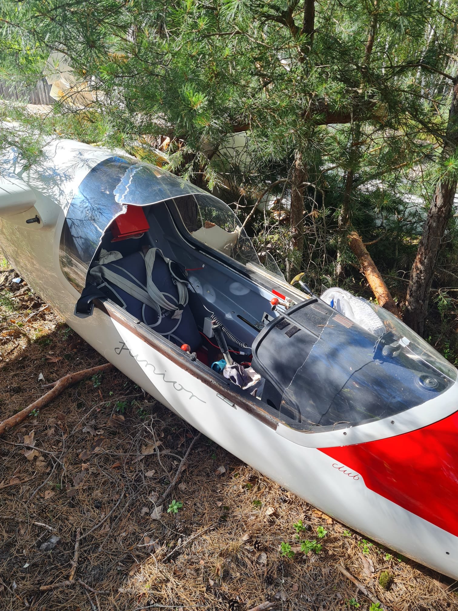 Wypadek szybowca. Pilot zdecydował się na awaryjne lądowanie, maszyna rozbiła się o drzewa (zdjęcia)