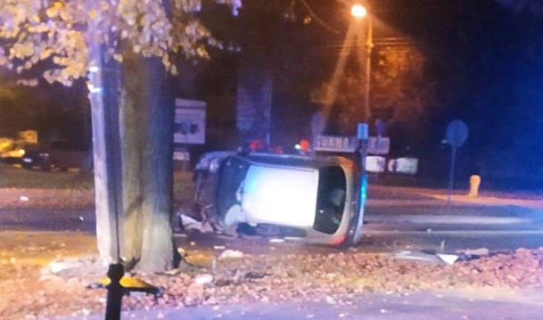 Peugeot uderzył w słup i drzewo, z auta wyrwało silnik. Kierowca pijany, pasażerka została ranna (zdjęcia)
