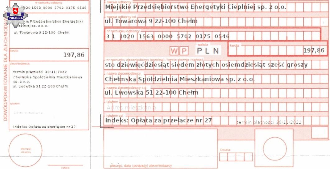 Mieszkańcy Chełma otrzymywali fałszywe wezwania do zapłaty. Policjanci zatrzymali właściciela konta bankowego