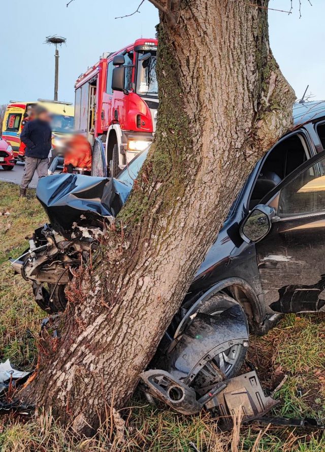 Zaczął wyprzedzać, kiedy był już wyprzedzany. Citroen uderzył w drzewo, cztery nastoletnie osoby trafiły do szpitala (zdjęcia)